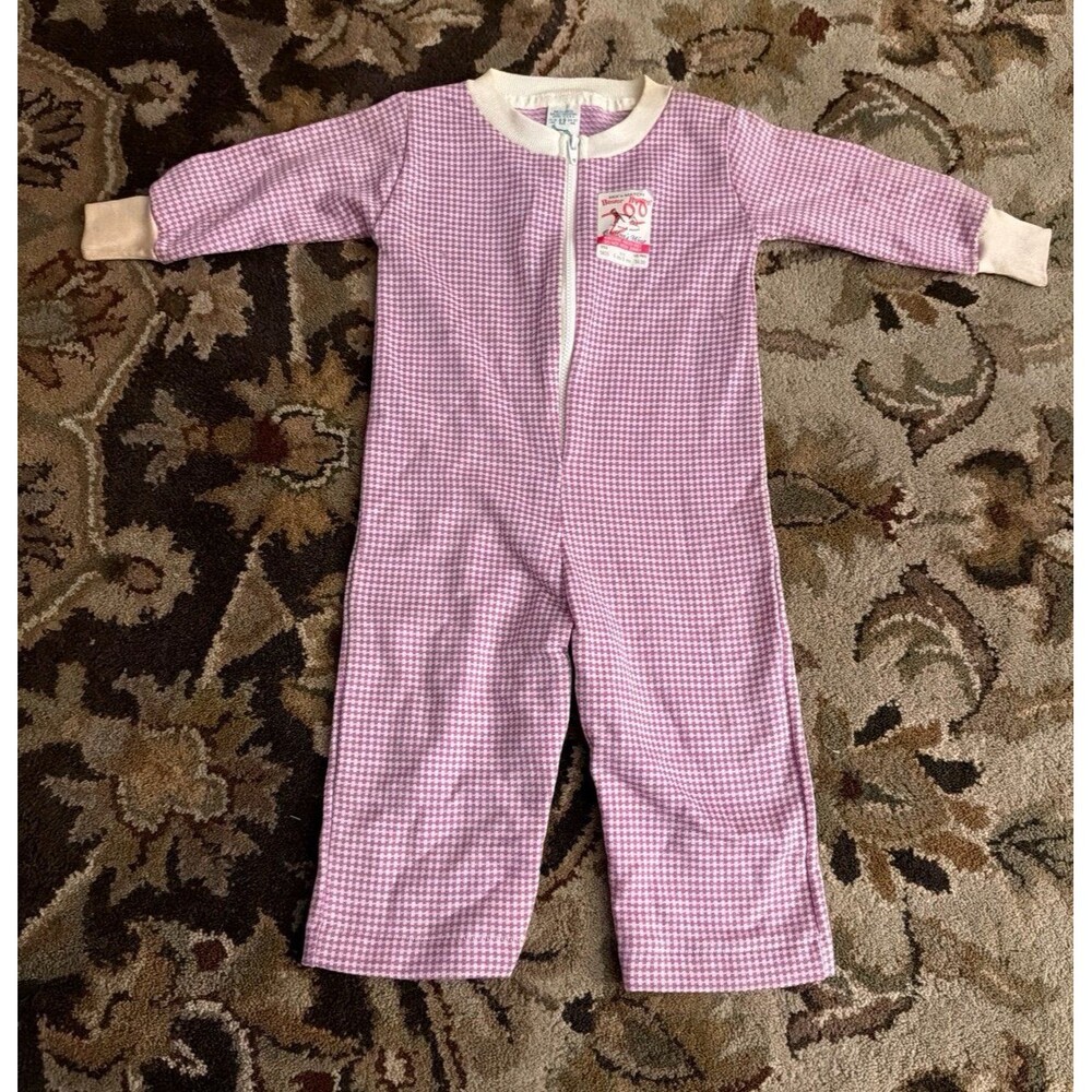 buster brown vintage 80s baby zip up onesie purple gingham plaid size 6-9 mo nwt